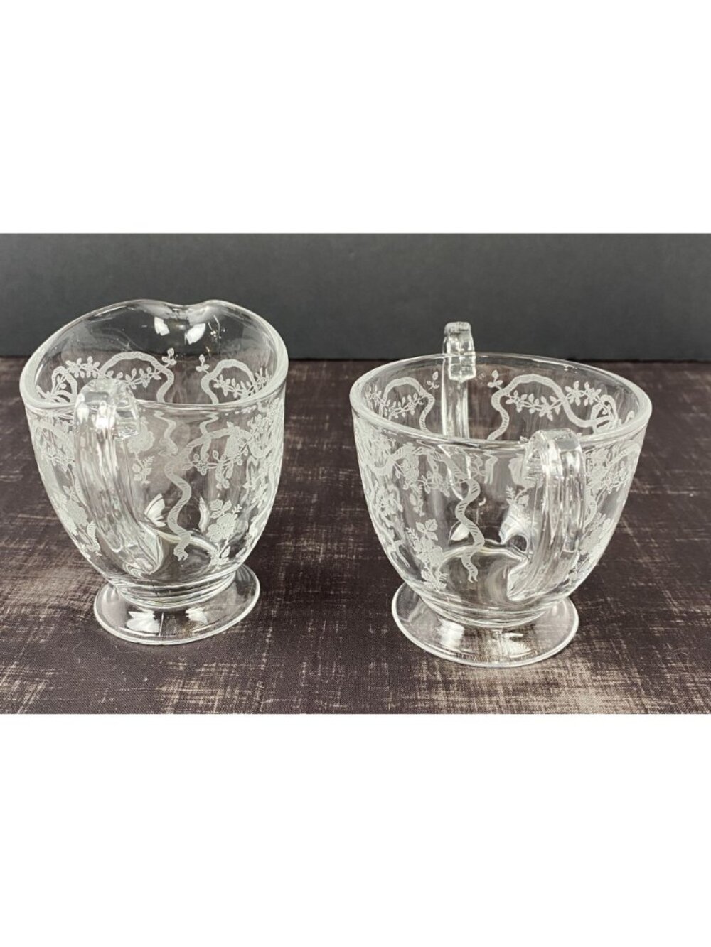VTG 1940s Fostoria Romance Crystal Creamer Sugar Bowl Set Floral & Ribbon Etched - Picture 3 of 14